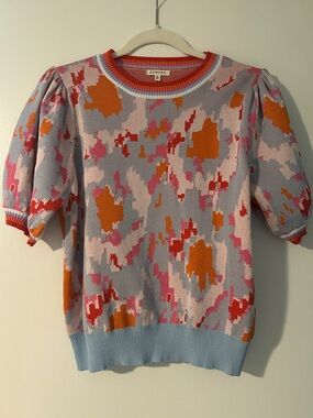 JODIFL Sz S Pastel Blue Sweater with Pink and Orange Abstract Print